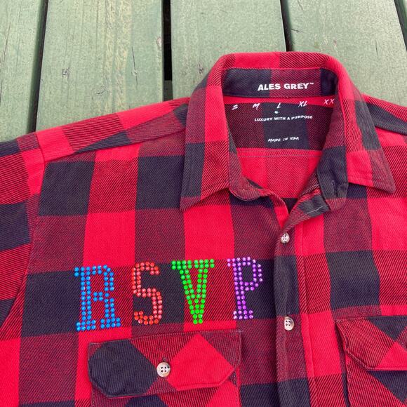 RSVP Gallery x Ales Grey Crystal Bejeweled Button Up Shirt Top sz L Large Men's - Picture 2 of 6